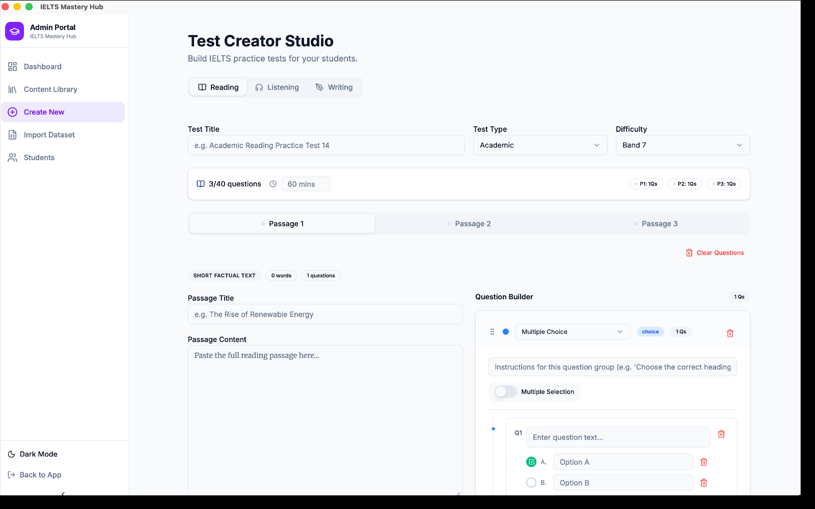 Test Creator Studio with the Reading tab open